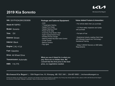 2019 Kia Sorento EX 2.4 AWD | Heated Steering | 7 Passengers