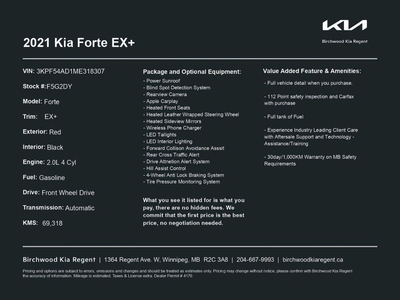 Used 2021 Kia Forte EX+ New Tires Sunroof Heated Seats for Sale in Winnipeg, Manitoba