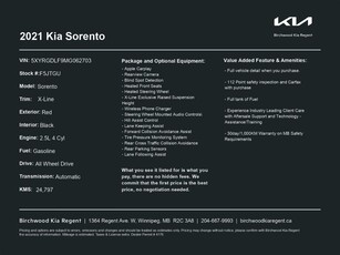 Used 2021 Kia Sorento X-Line Clean CARFAX Blind Spot Detection for Sale in Winnipeg, Manitoba