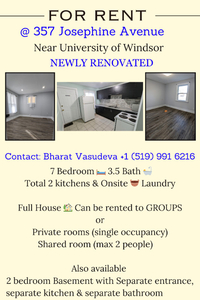 FOR RENT - Newly Renovated - Near University of Windsor