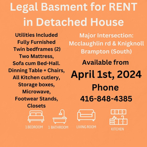 One Bedroom Legal Basement April 1st 2024