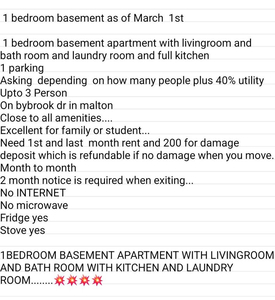 1 bedroom basement apartment available as of March 1st
