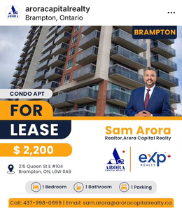 1 Bed + 1 Bath Apartment for Lease BRAMPTON
